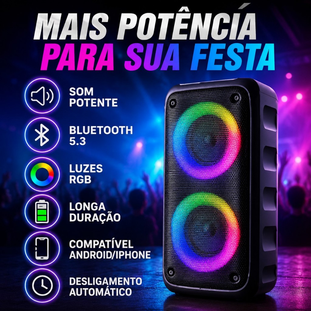 Caixa de Som Bluetooth KTS-1266 RGB 20W Duplo Alto-Falante 4" USB TF AUX Bateria Recarregável Portátil