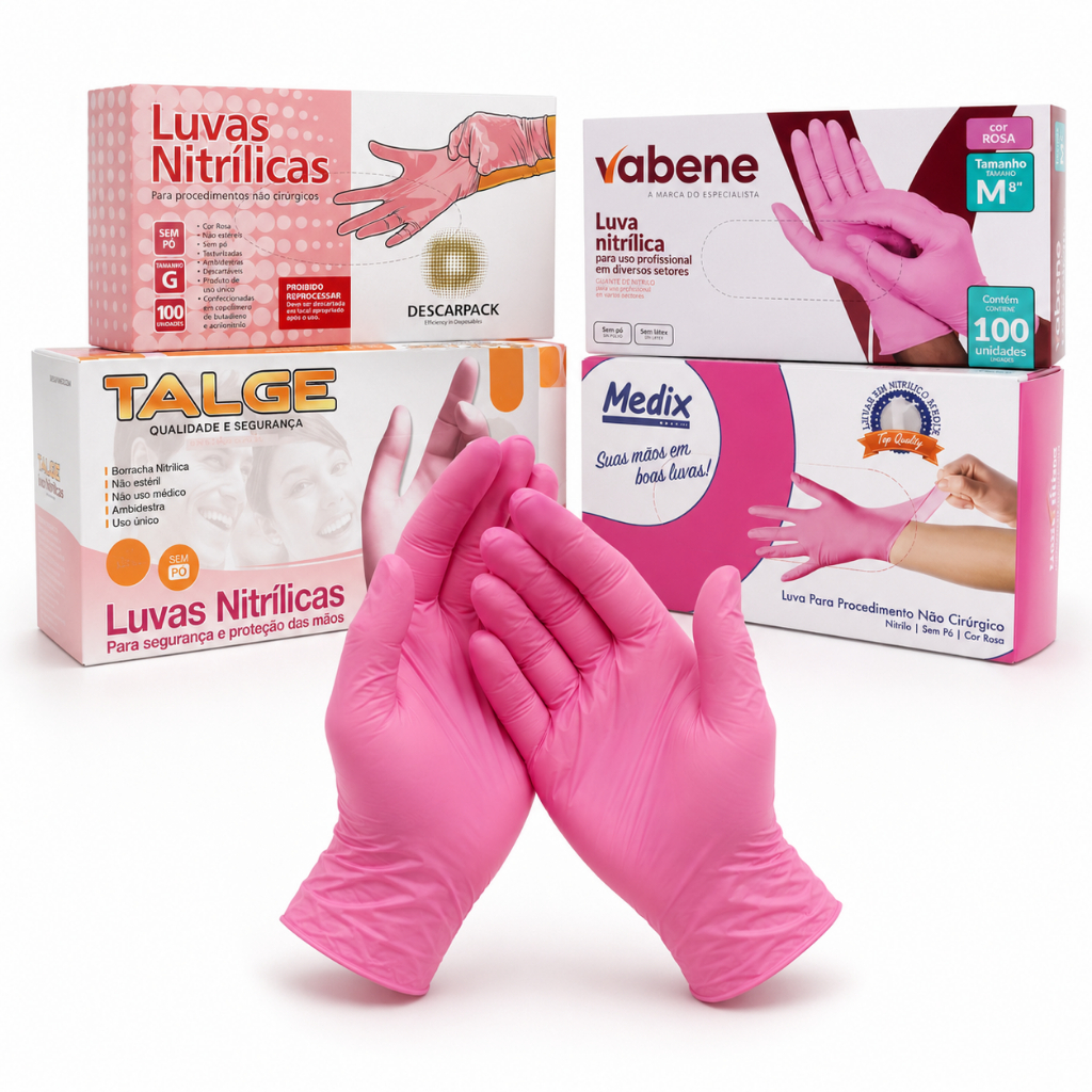 Kit 200 Luva Descartável Nitrilica Rosa Sem Pó Caixa Pink Nitrilo Antialérgica Uso Diário Estética