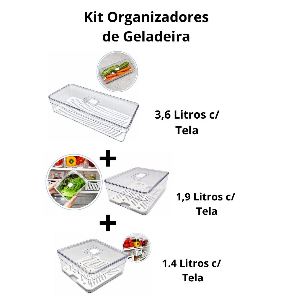 Kit 3 Peças Organizador de Geladeira Transparente com Tela e Tampa