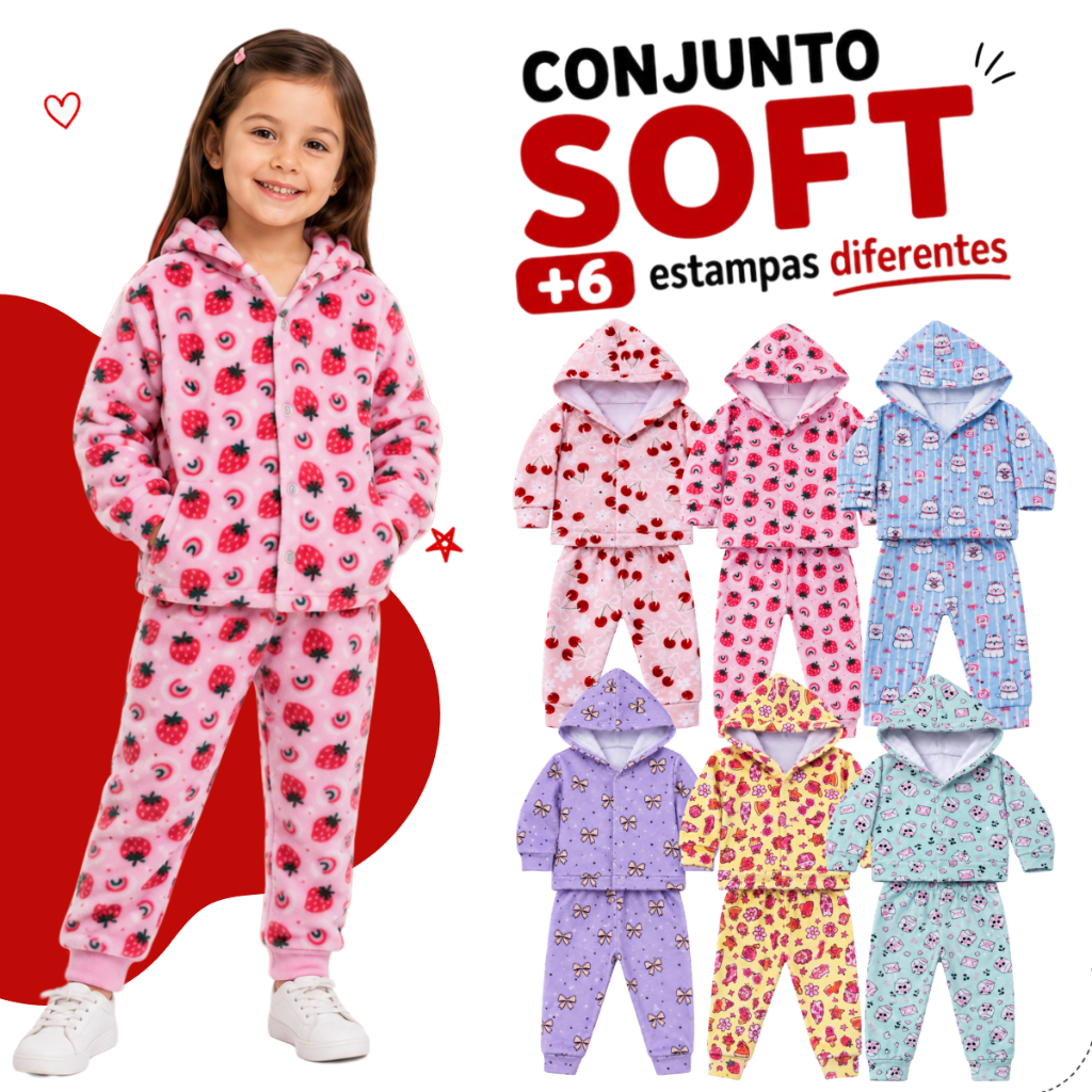 Kit 6 Peças Conjunto Infantil Menina de Inverno Soft Bebê Com Capuz Estampado - 3 Conjuntos