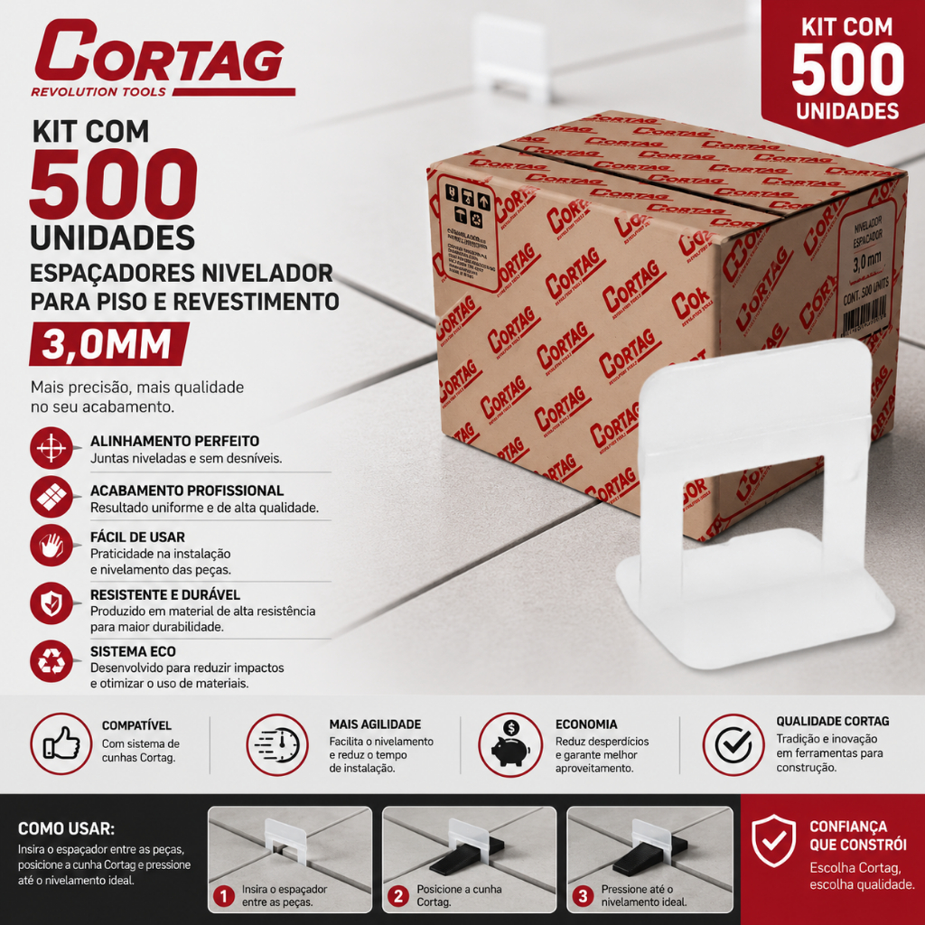 Kit Com 500 Espaçadores Nivelador Para Piso E Revestimento 3,0MM Cortag