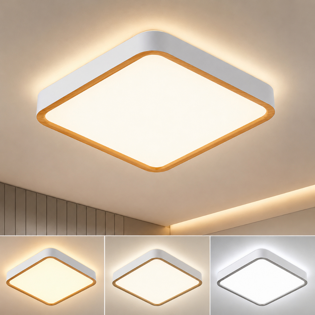 Luminária De Teto LED Quadrada Madeira Plafon 20W 3 Cores Bivolt