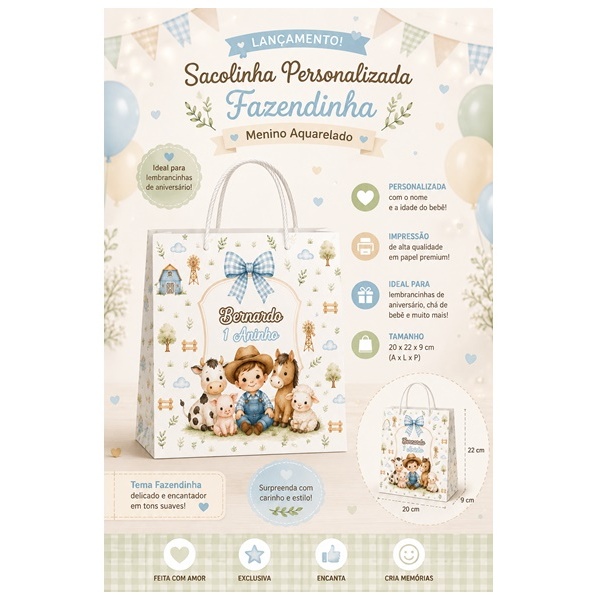 Sacolinha Personalizada Fazendinha Menino Aquarelado/Pegue e Monte/Lembrancinha Aniversário Infantil