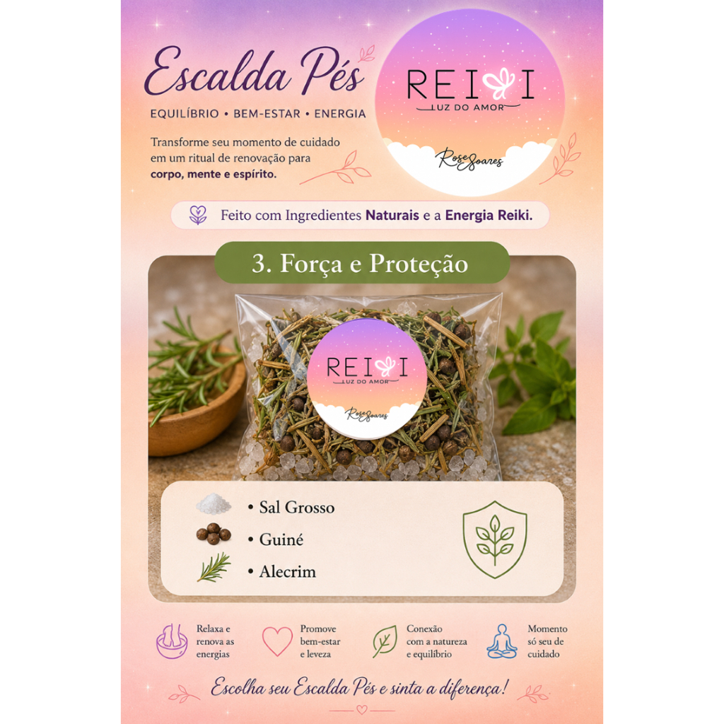Escalda Pés Reiki Luz do Amor - Força e Proteção - Sal Grosso, Guiné, Alecrim - 1un aprox 90g