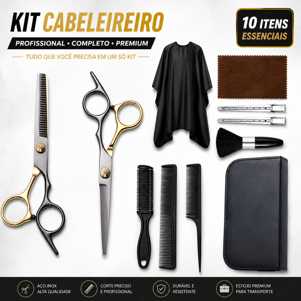 Kit 10 Peças Tesoura Barbeiro Fio Navalha E Desfiadeira + Acessórios