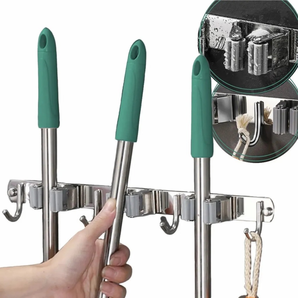 Suporte para vassoura,rodo e mops de inox 7 lugares