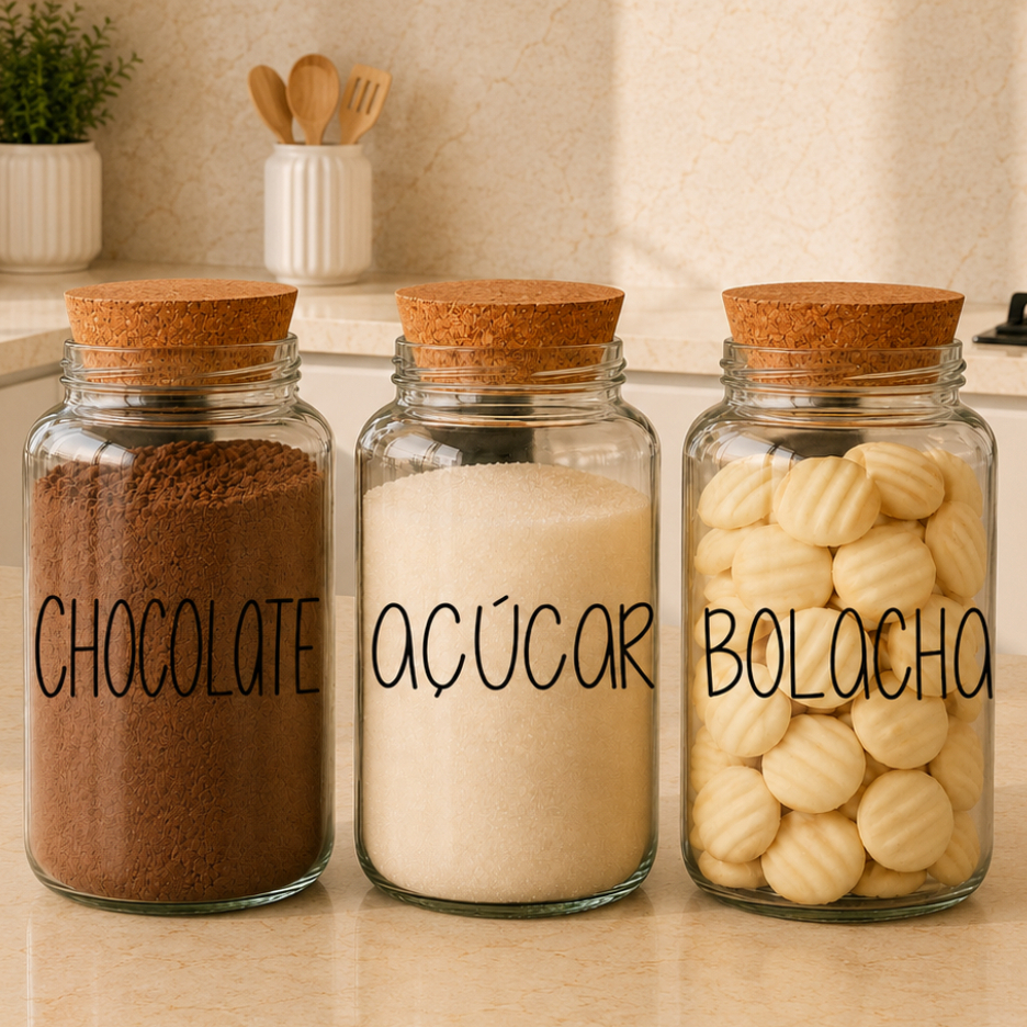 Kit Cantinho do Café - Chocolate, Açúcar e Bolacha | 3 potes de Vidro 810ml  Tampa Rolha + Adesivos