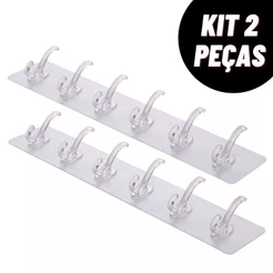 Kit 2 Faixa Gancho De Parede Com 6 Suportes Transparente Adesivo Multiuso