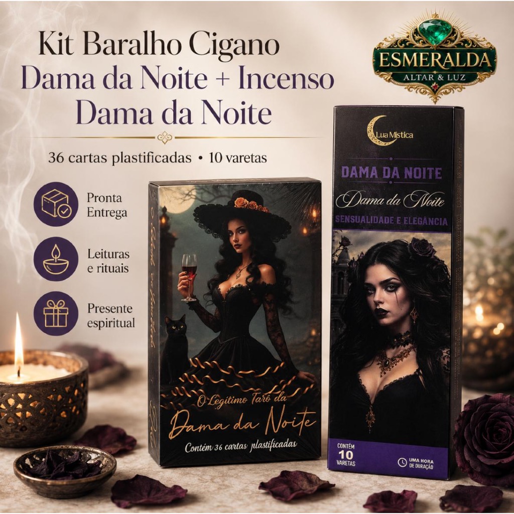 Kit Baralho Dama da Noite Incenso Dama da Noite 36 Cartas 10 Varetas Tarot Oraculo