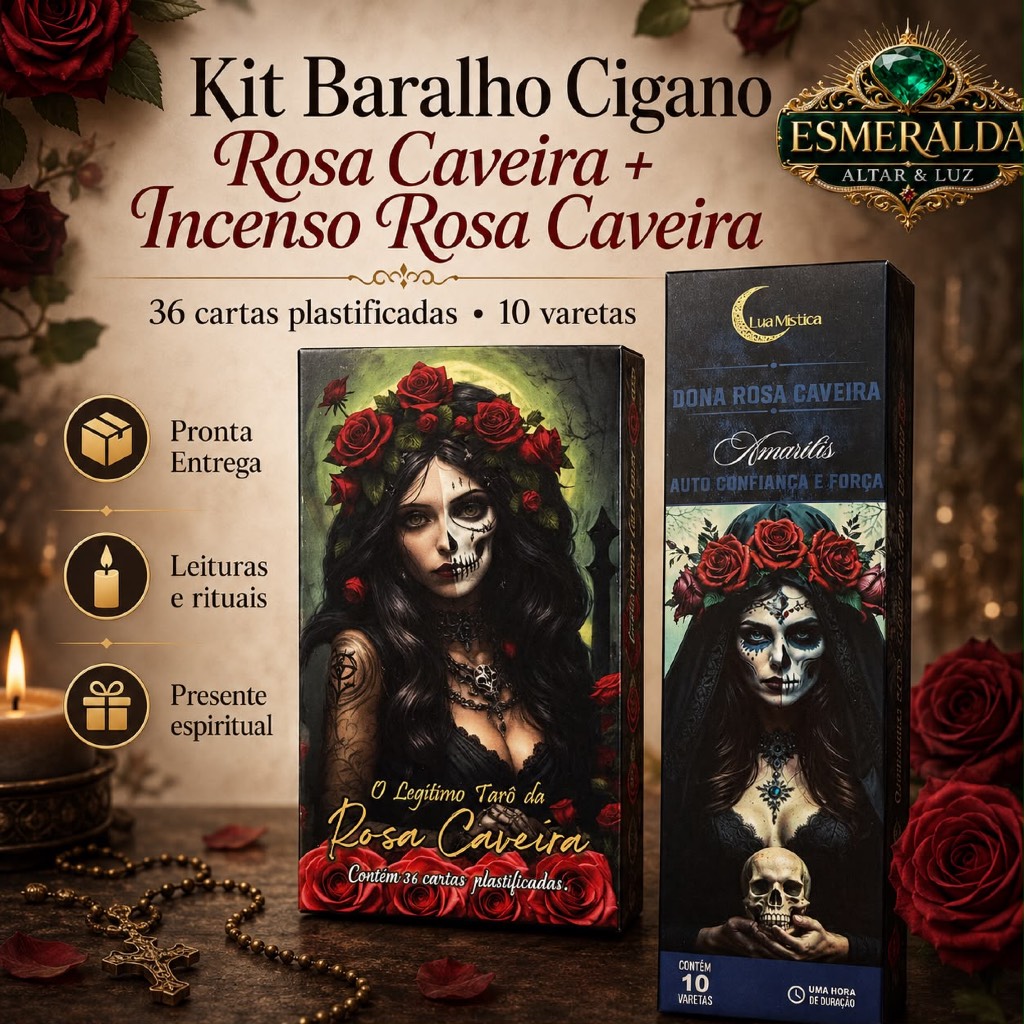 Kit Baralho Rosa Caveira Incenso Rosa Caveira 36 Cartas 10 Varetas Tarot Oraculo