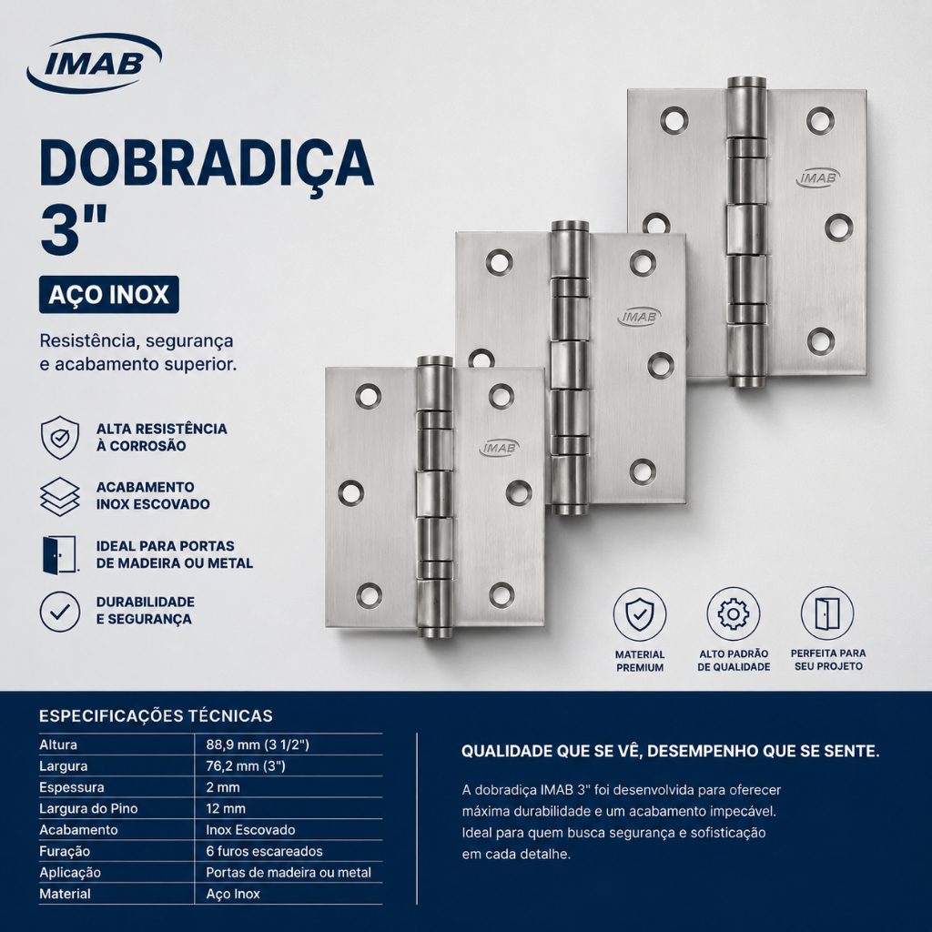 Dobradiça IMAB 3 x 2.5 Inox Escovado Cartela Com 3 Unidades + Parafusos