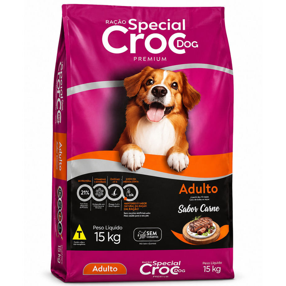 Ração Special Croc Dog Premium 15kg para Cães Adultos Sabor Carne - Nutrição Balanceada Ômegas 3 e 6