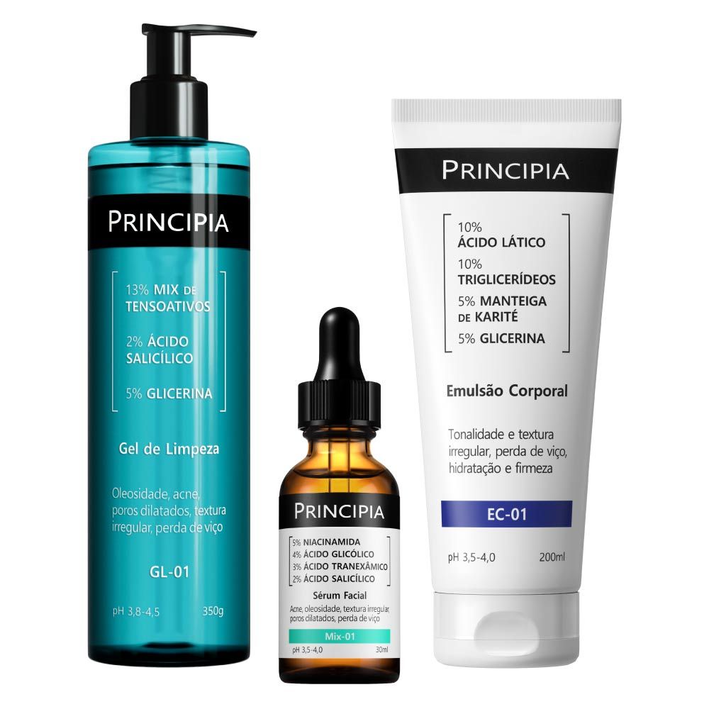 Principia Kit Anti-Acne Queratose Pilar Trio c/ Gel de Limpeza GL-01 + Sérum Mix-01 + Emulsão Corporal EC-01
