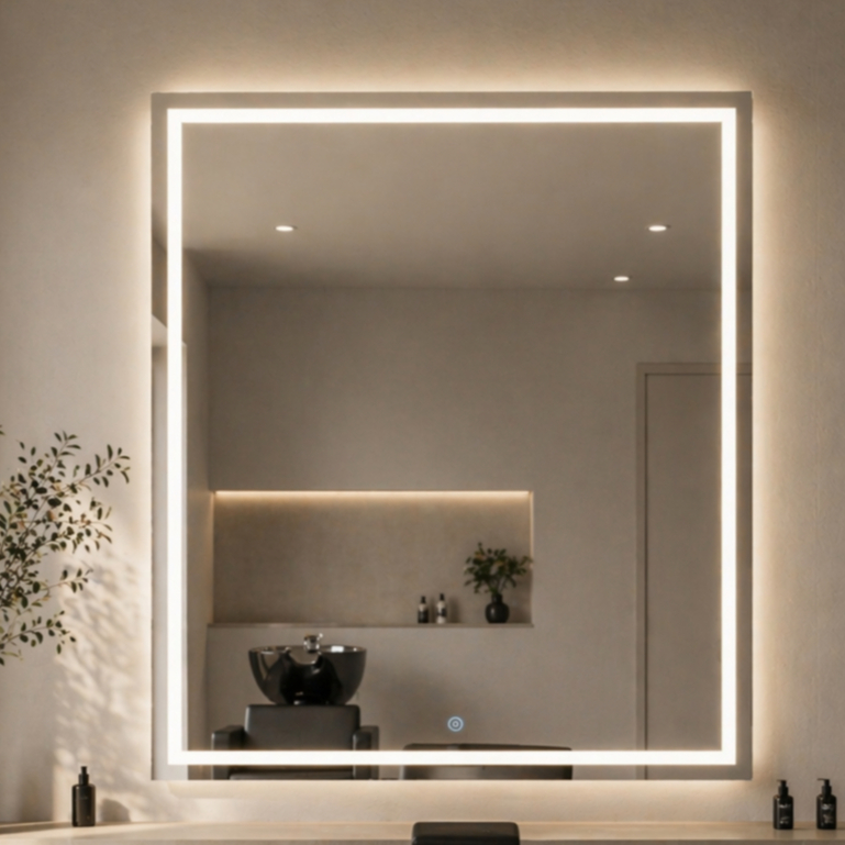 Espelho Led Grande Retangular Jateado 3 Cores Led 90x80 Cm Lapidado Banheiro Decoração Botão Touch