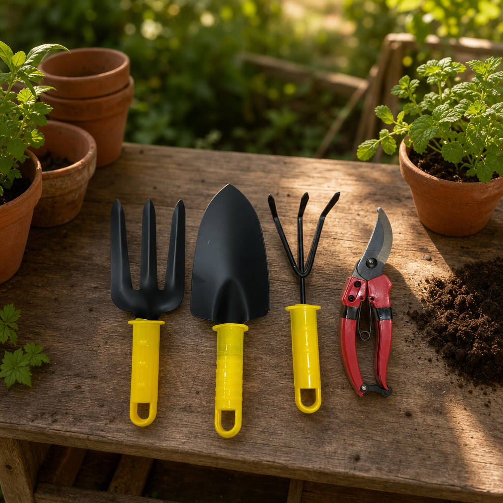 Kit Jardinagem 4 Peças Pá Garfo Rastelo Tesoura Plantas Horta Aço Carbono
