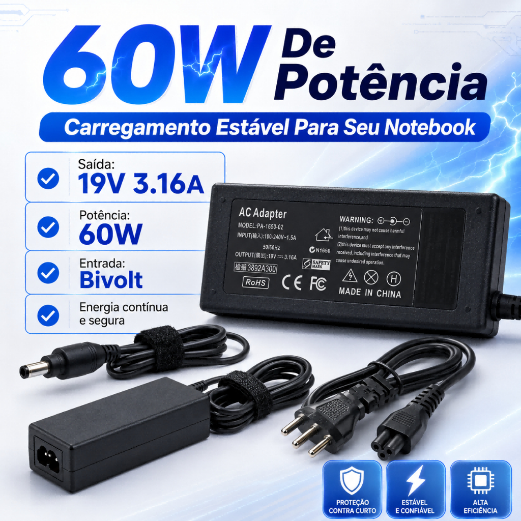 Fonte Carregador Compatível Notebook Samsung 19V 3.16A 60W Bivolt Pino 5.5x3.0mm