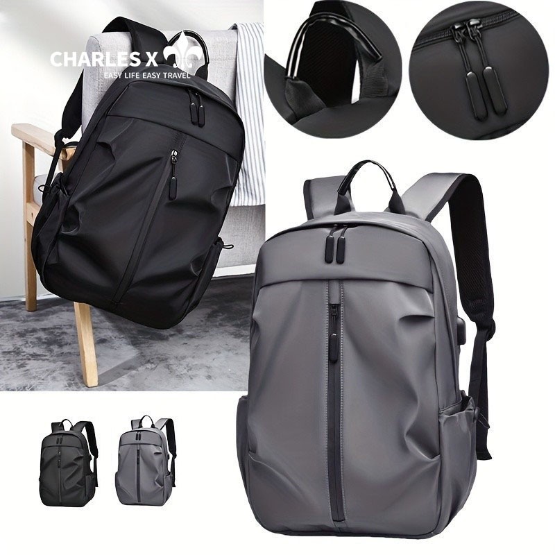 CHARLES X Mochila escolar impermeável e respirável com porta USB e compartimento para notebook