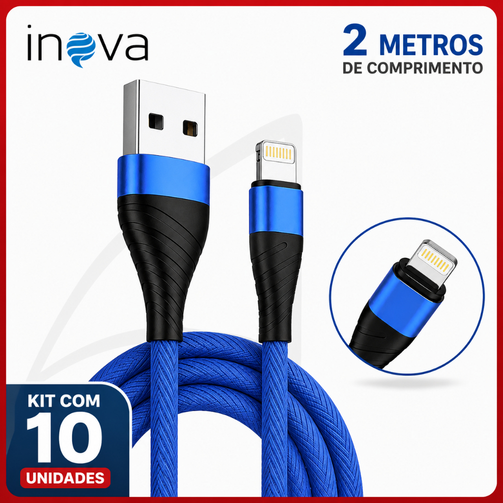 Kit 10 Cabos Carregador Rápido 3.4a Nylon 2 Metros P/ iPhone