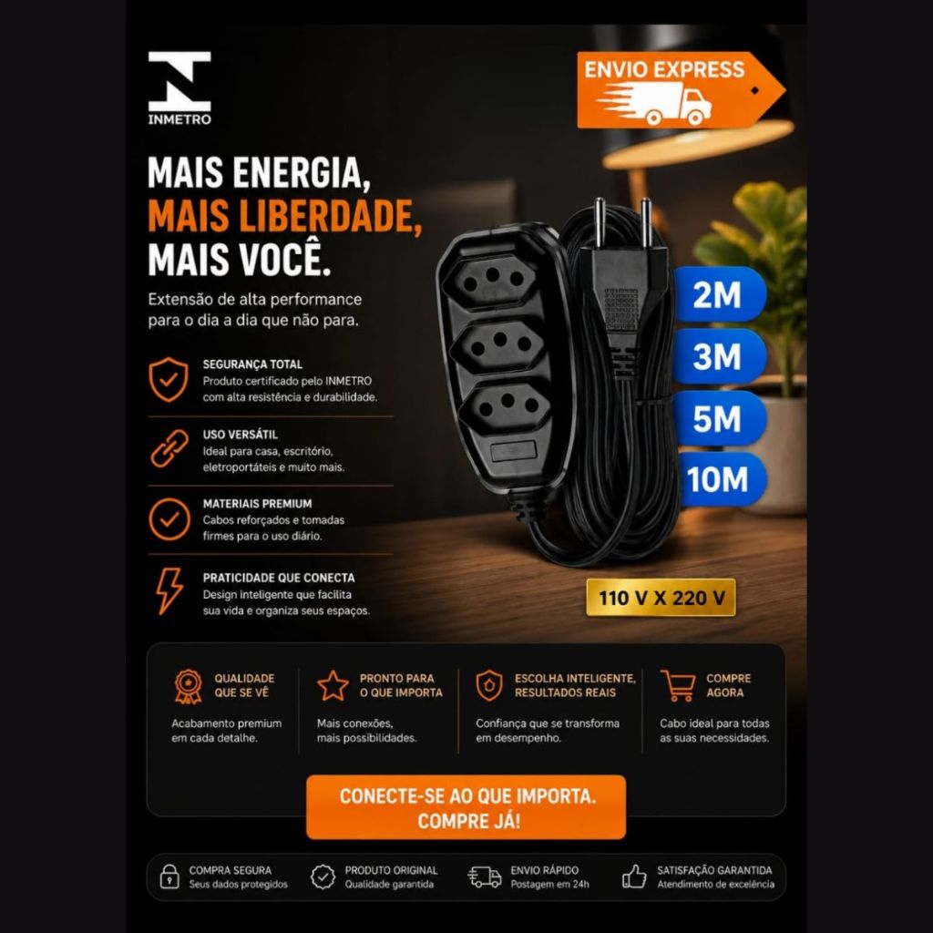 Extensão elétrica 2 Metros Extensão de Energia 3 Tomadas com 3 metros 5 metros 10 metros