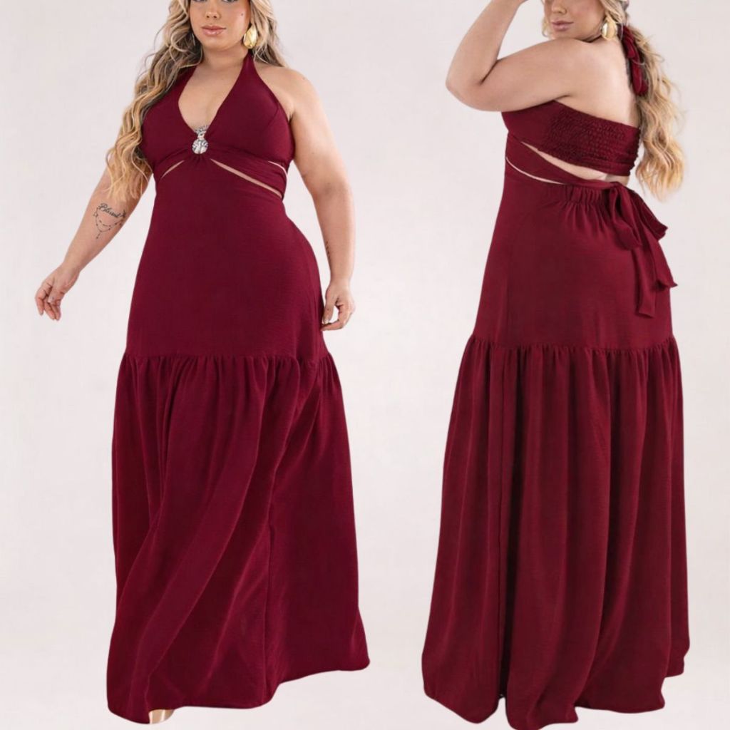Vestido Longo Plus Size Lastex Confortável Elegante Crepe  Dunas Alças de Amarrar 1 Maria Soltinho Casual Moda Maior