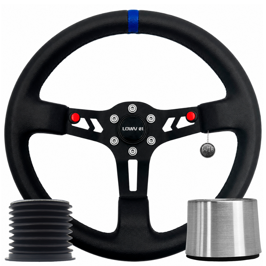 Volante Esportivo Lowv Apache Couro Tarja Azul + Cubo Adaptador
