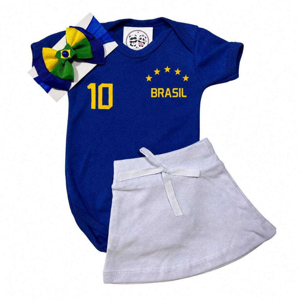 Body Menina Brasil Copa + Saia + Laço + Acessórios -  Diversos - Temático