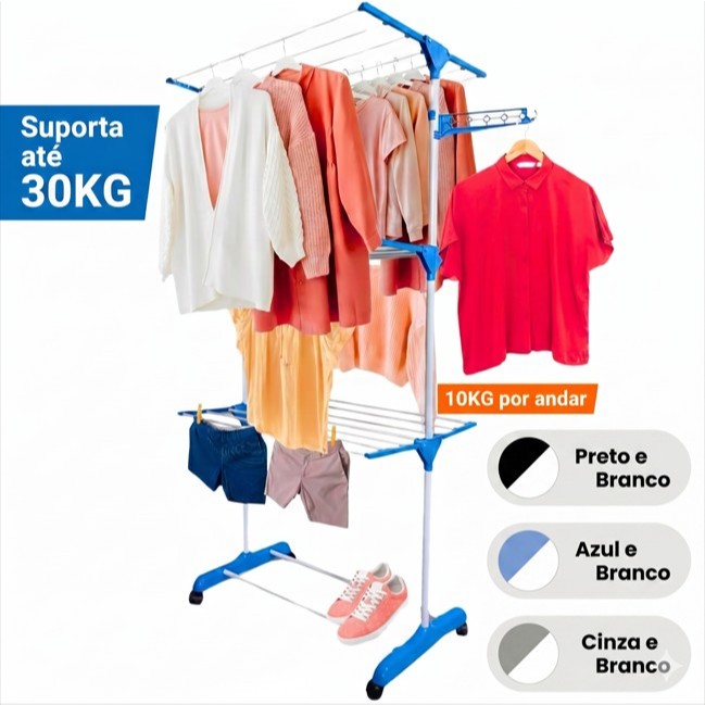 Varal de Chão Dobrável com Rodinhas 3 Andares Reforçados Retráteis – Suporta 30kg, Varal Portátil
