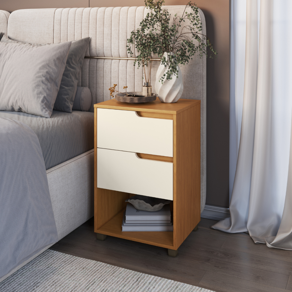 Mesa de Cabeceira 2 Gavetas 69x45 Cm Toledo Nature Off White 100% MDF Puxador Embutido Casamia