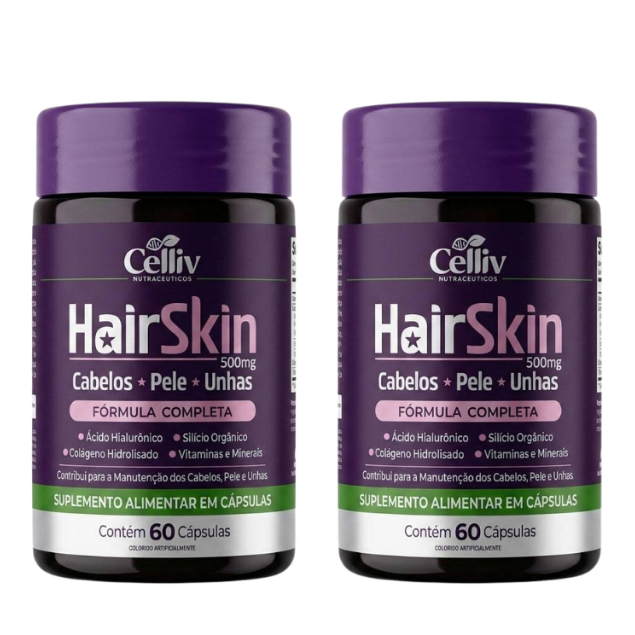 Kit Hair Skin Cabelos Pele Unhas Ácido Hialurônico Colágeno Silício Orgânico 60 Cápsulas Celliv