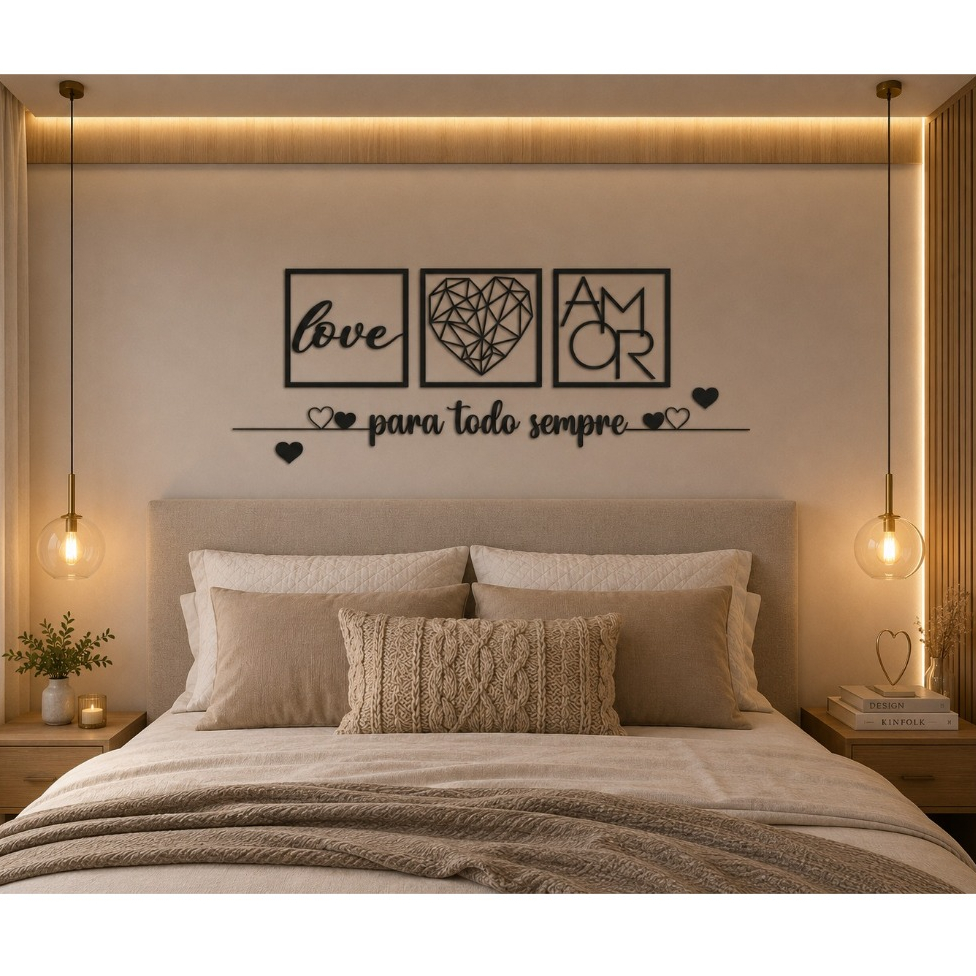 KIT 3 Quadros Para todo Sempre, Love e Coração Geométrico Amor + 2 Mini Apliques, Coração Frase de Parede Religioso MDF