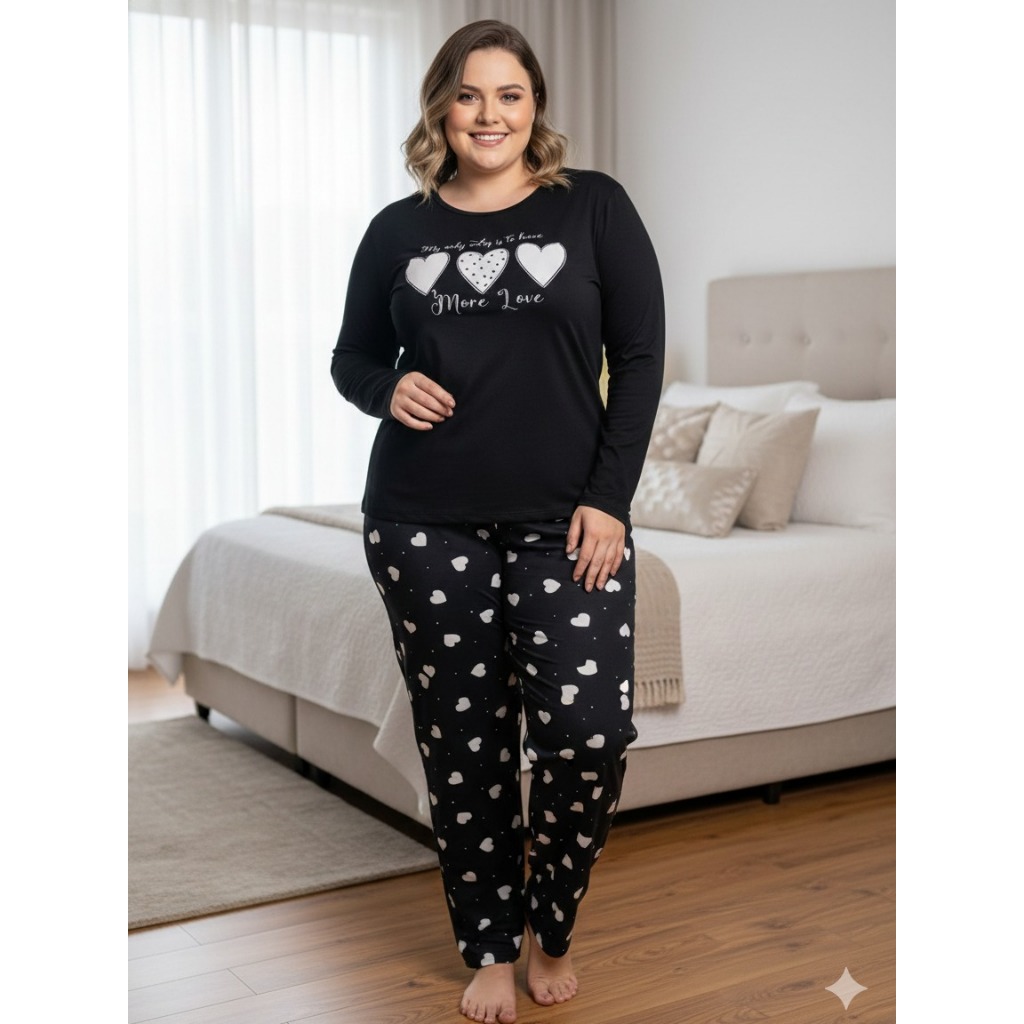 Pijama Longo Feminino Plus Size Malha Adulto Manga Comprida Inverno