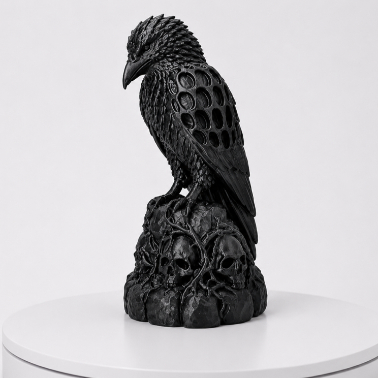 Estátua Corvo Gótico Decorativo Preto Escultura Raven com Caveiras para Decoração Geek, Dark e Halloween