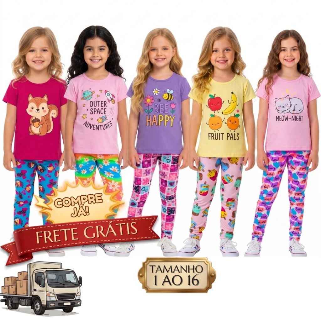 Kit 6 Peças Conjunto Menina 3 Legging 3 Camiseta Manga Curta Verão Algodão Roupa Infantil Feminina