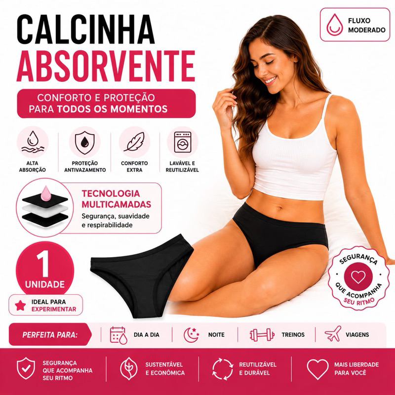 1 Calcinha Absorvente Menstrual Feminina Reutilizável - Fluxo Médio