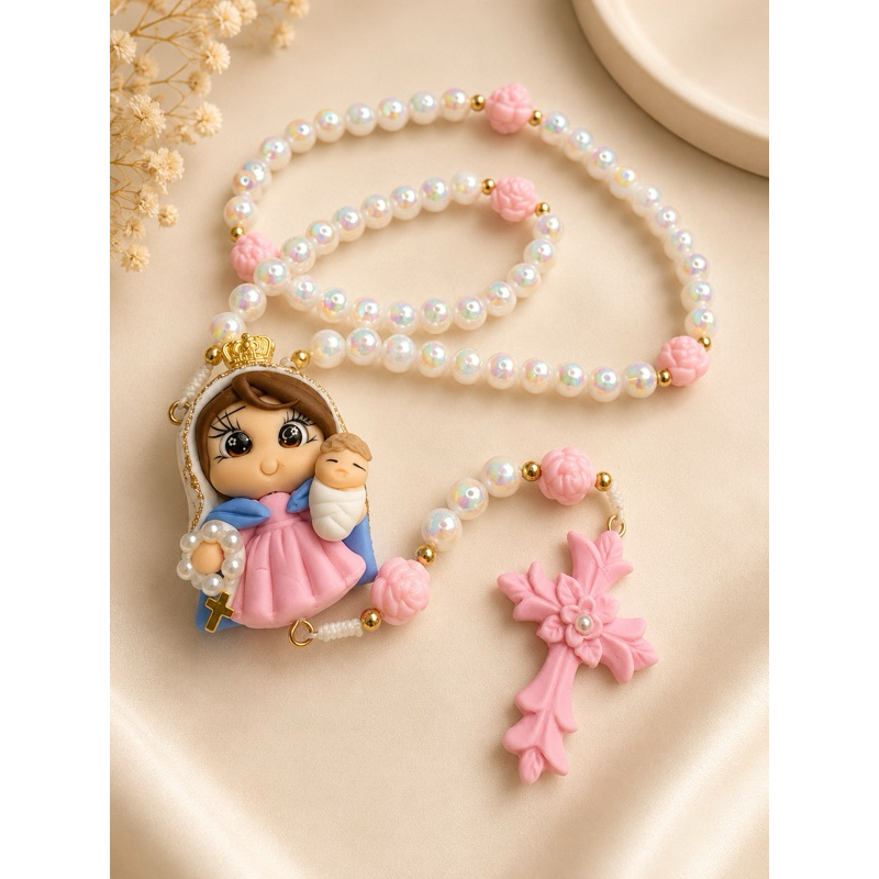 Rosário Terço Nossa Senhora do Rosário em Biscuit | Terço Infantil Católico com Contas Peroladas e Cruz Rosa Decorada