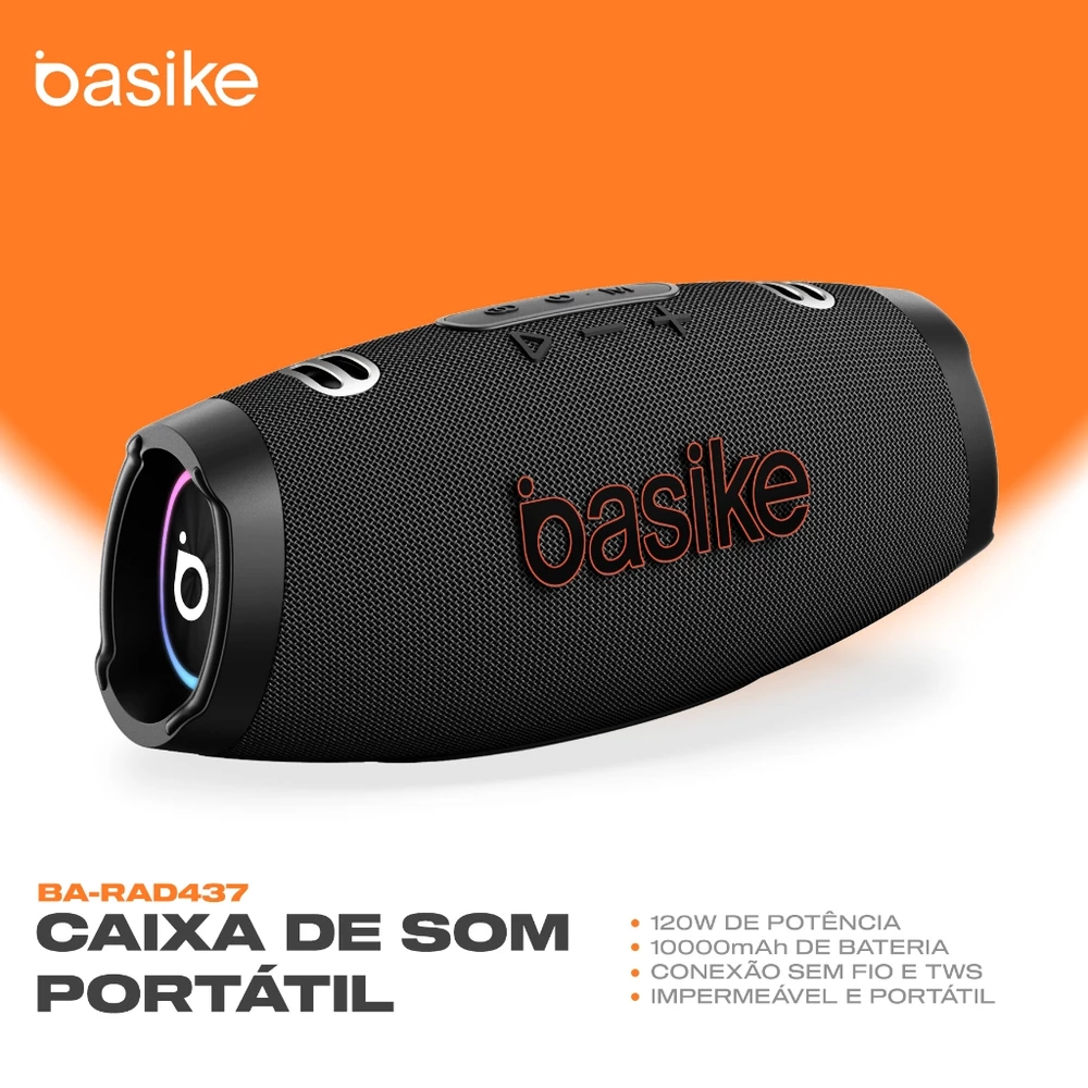 Caixa de Som Portátil Basike Rad437 120W Graves Potentes Bluetooth 10000mAh IPX6 Luz RGB TWS