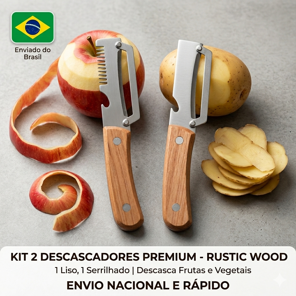 Descascador de Legumes com Cabo de Madeira, Aço Inox e Abridor de Garrafas, Multifuncional para Cozinha Utensílio 3 em 1