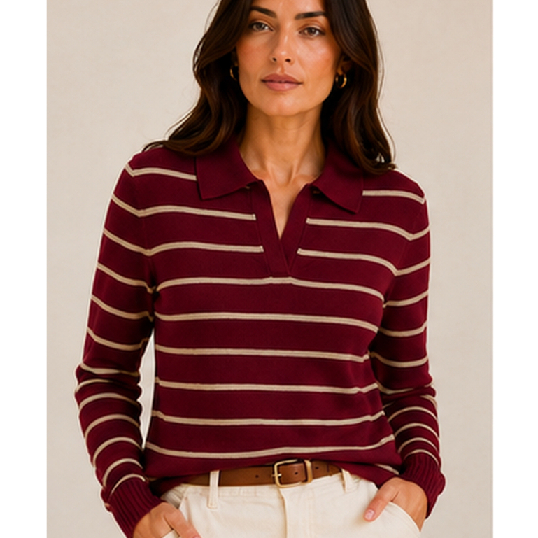 Blusa Feminina Estilosa Gola Polo Listrada Manga Longa Tricot Modal Blusa de Frio Elegante