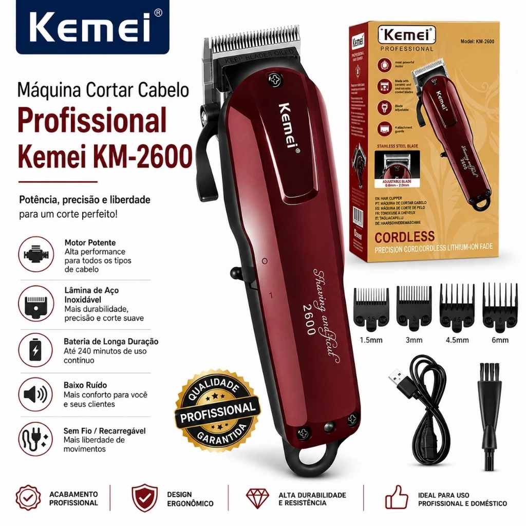Máquina Kemei KM-2600 Profissional 9W Recarregável 2200mAh Corte Cabelo Barba bivolt 110v 220v — imagem 1