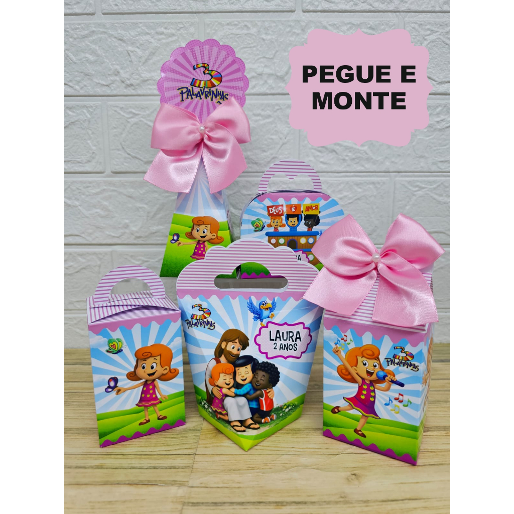 Kit Caixinhas Personalizadas 3 PALAVRINHAS ROSA (PEGUE E MONTE) Lembrancinhas Festa Infantil 3 PALAVRINHAS ROSA