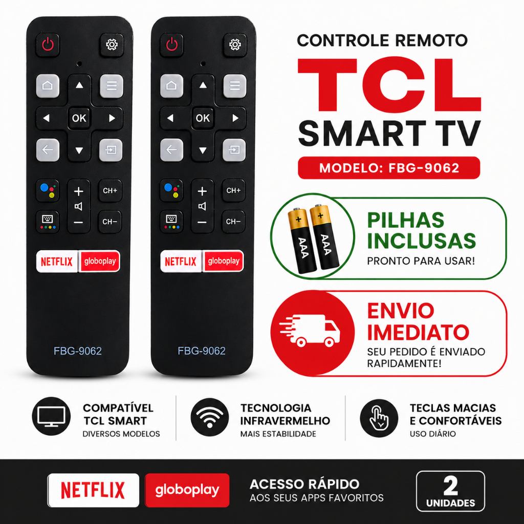 Kit 2 Controles Remotos Smart TV TCL Semp Android FBG-9062 Com Pilhas Inclusas Pronta Entrega