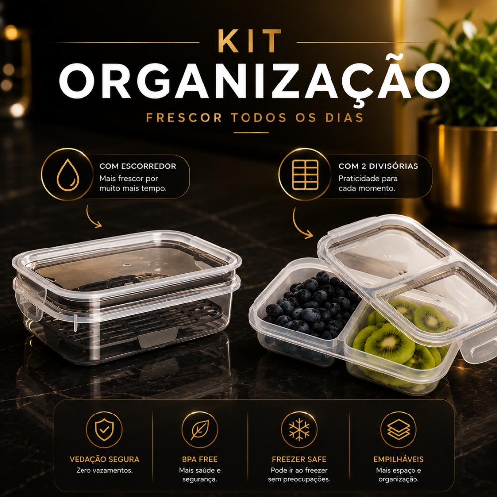 Kit Potes Hermético Porta Frios C/ Divisorias Travas Cesto Escorredor 500 ML Frutas Vegetal Alimento
