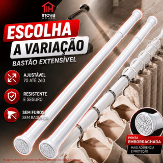 Varão de Cortina Extensível Ajustável Sem Furo de 70 à 200cm Cortina de Banheiro Suporte Extensor