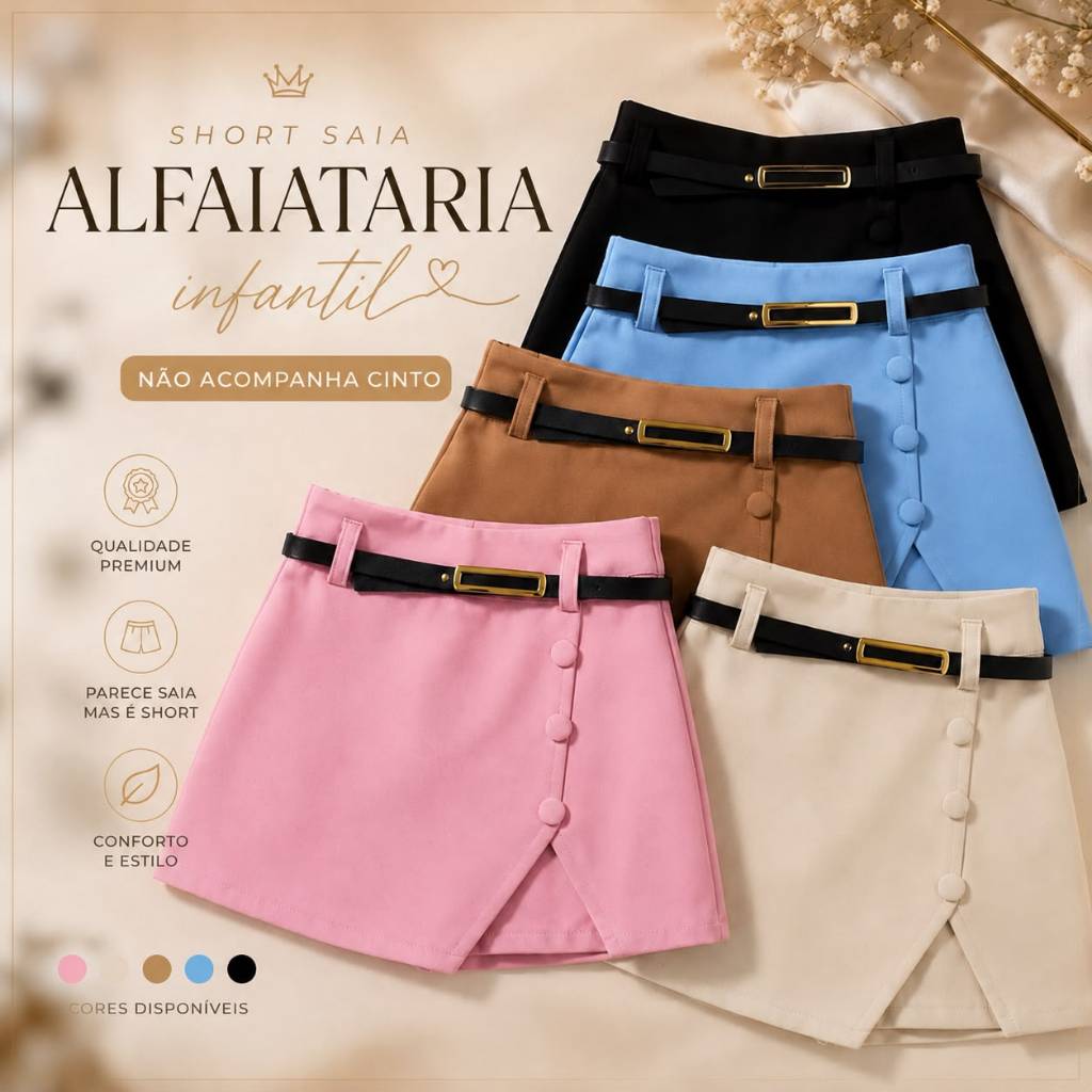 SHORTS SAIA INFANTIL MENINAS ALFAIATARIA MENINAS ((NÃO ACOMPANHA MAIS O CINTO))