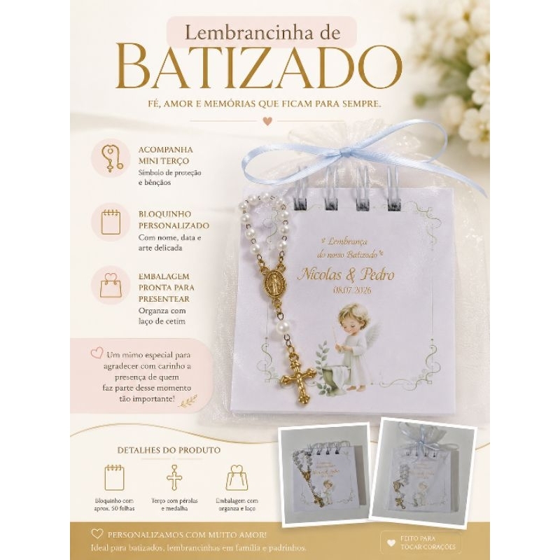 ✨ Lembrancinha de Batizado Personalizada com Mini Terço | Bloquinho Personalizado | Recordação Religiosa para Convidados
