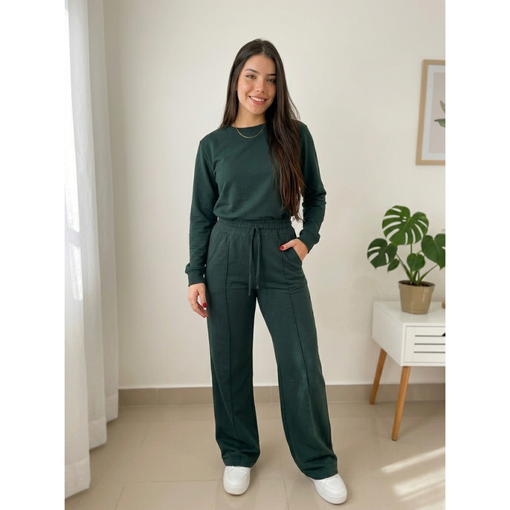 Conjunto Feminino Look Comfy Moletinho Manga Longa Calça Pantalona Wide Leg Com Bolso Inverno