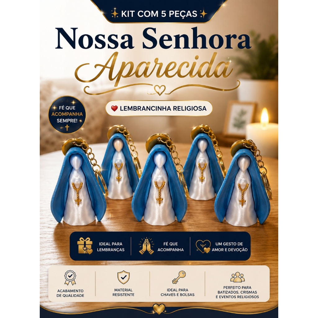 Kit 5 Chaveiros Nossa Senhora Aparecida Religioso Lembrancinha Católica Batizado Crisma Presente Fé