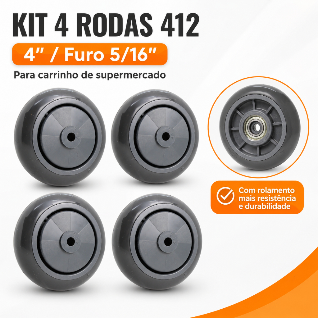 Kit 4 Rodas 412 Rolamento Esfera PVC 4 Pol Furo 5/16 Carrinho Supermercado