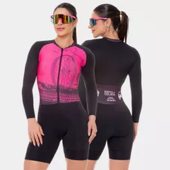 Macaquinho de Ciclismo Feminino Macacão Forro Espuma Acolchoado Manga Longa Roupa Bike Pedal Mtb