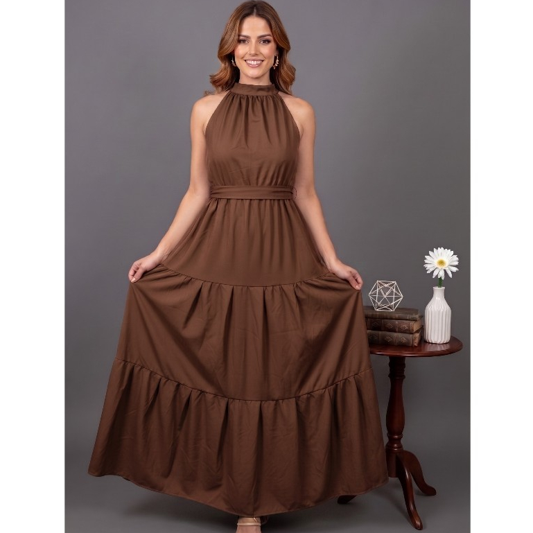 Vestido Feminino Longo Sem Manga Evangélico com Gola Alta Andressa